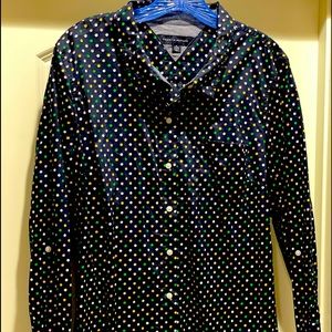 Tommy Hilfiger long sleeve navy collared blouse with polka dots - size XL